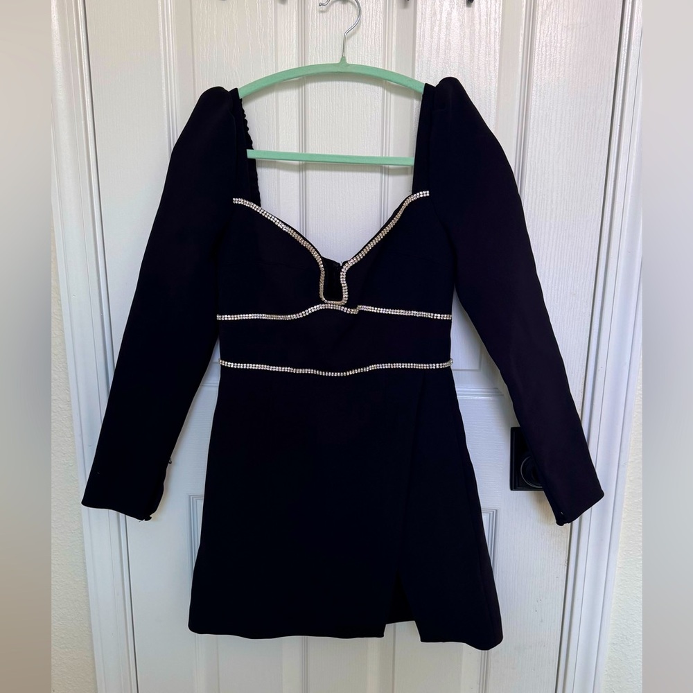 Self-portrait black crepe Rhinestone detail mini dress